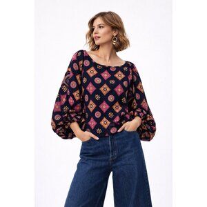 NEW TRINA TURK URSA TOP shirt blouse embroidered puff sleeve boho cami SMALL